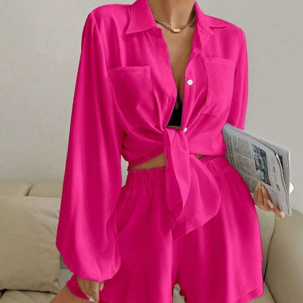 Hot Pink Casual Women's Lantern Sleeve Blouse And Shorts Set